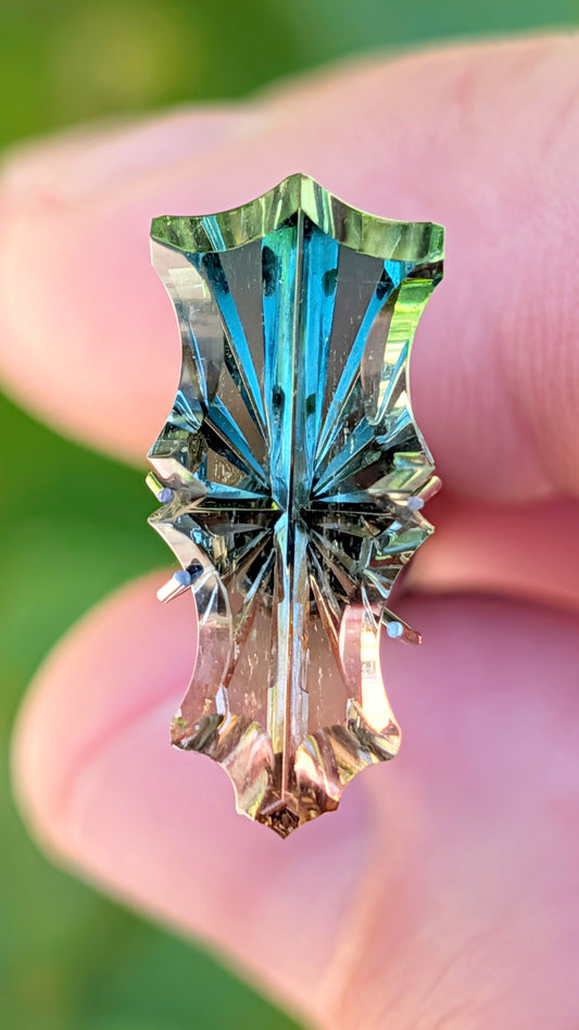 Watermelon Tourmaline, 8.82 cts., 20.4x9.0 mm., Baroque Valkyrie Fantasy, Bicolor, Green, Pink, Brazil, Natural