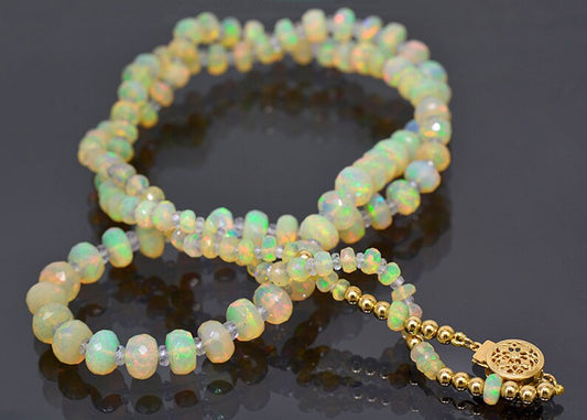 Fantastic Faceted Opal and Sapphire Bead Necklace with 14 kt Yellow Gold Clasp 78.0 tcw.