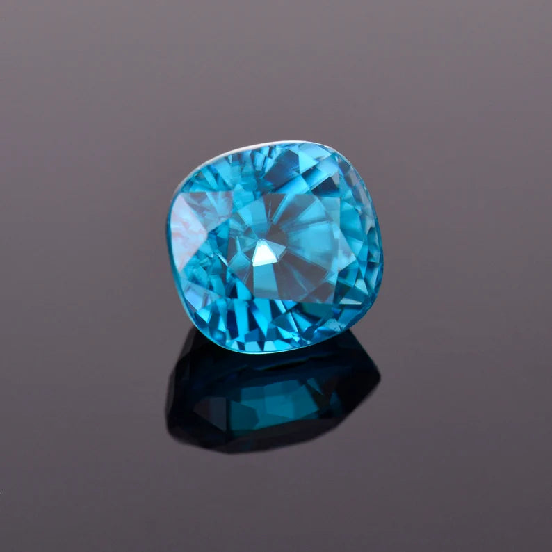 Excellent Electric Blue Zircon Gemstone from Cambodia, 3.98 cts., 7.8x7.4 mm., Cushion Cut