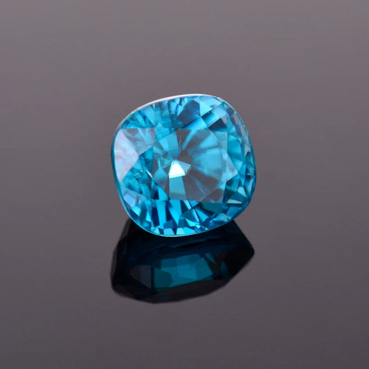 Excellent Electric Blue Zircon Gemstone from Cambodia, 3.98 cts., 7.8x7.4 mm., Cushion Cut