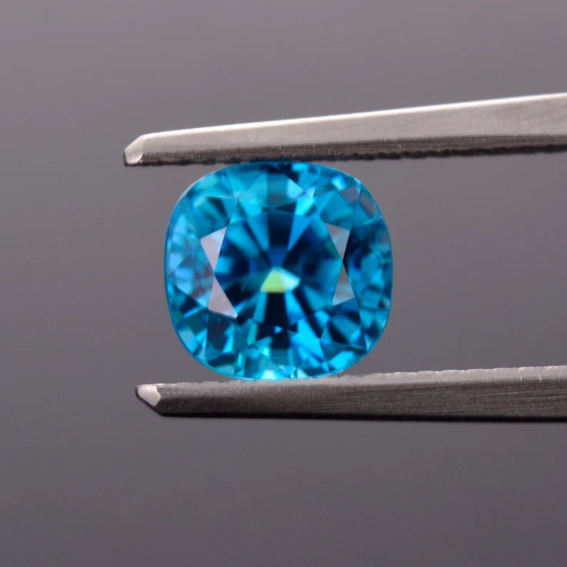 Excellent Electric Blue Zircon Gemstone from Cambodia, 3.98 cts., 7.8x7.4 mm., Cushion Cut