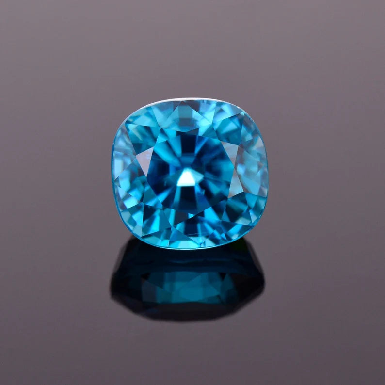 Excellent Electric Blue Zircon Gemstone from Cambodia, 3.98 cts., 7.8x7.4 mm., Cushion Cut