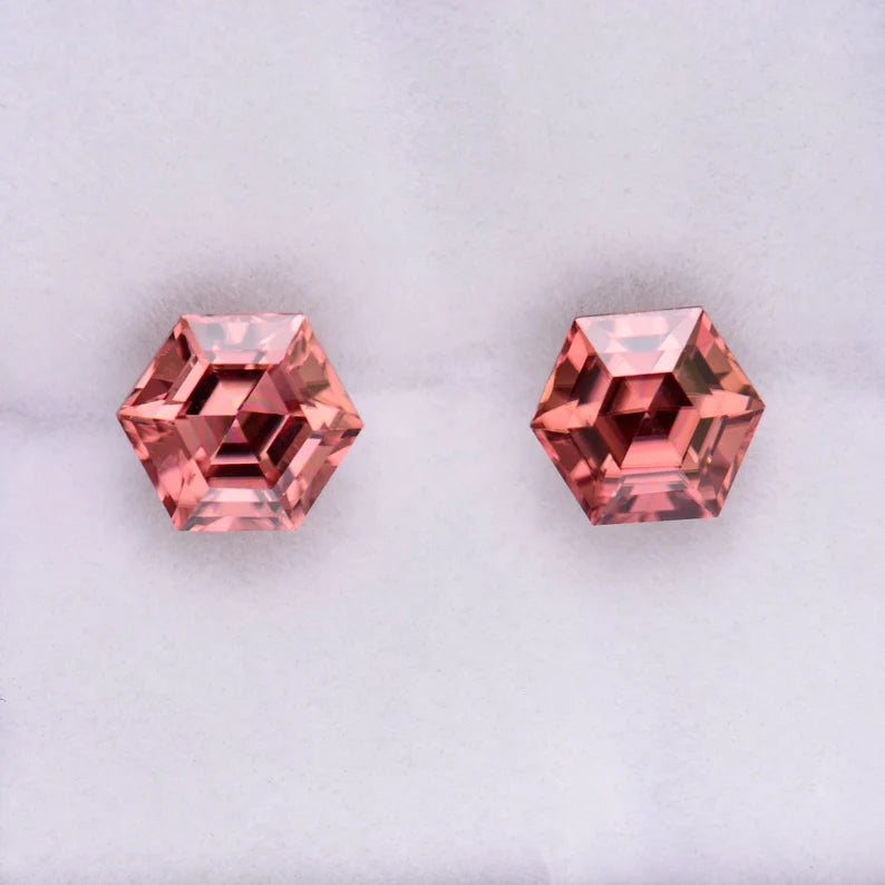 Excellent Peachy Pink Zircon Gemstone Match Pair from Tanzania, 3.25 tcw., 6 mm., Hexagon Shape
