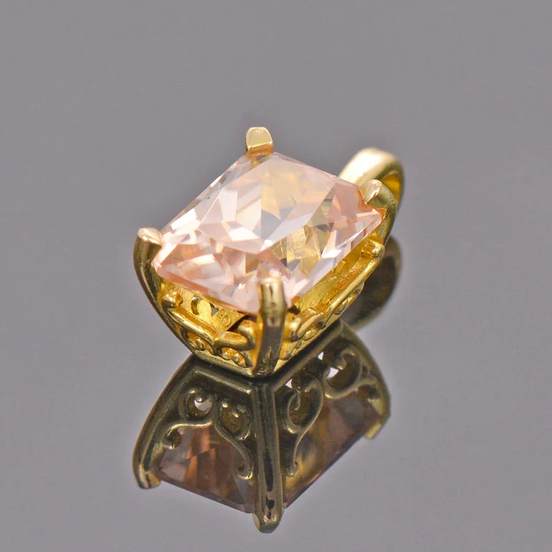 Gorgeous Champagne Pink Zircon in 18kt Yellow Gold Pendant, 2.40 cts, 8x6 mm., Radiant Emerald Cut, Scroll Design