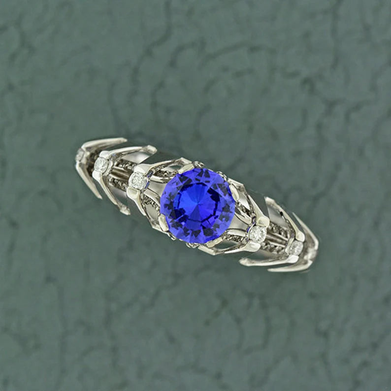 Unique Architectural Engagement Style Tanzanite and Diamond Ring in 14kt White Gold