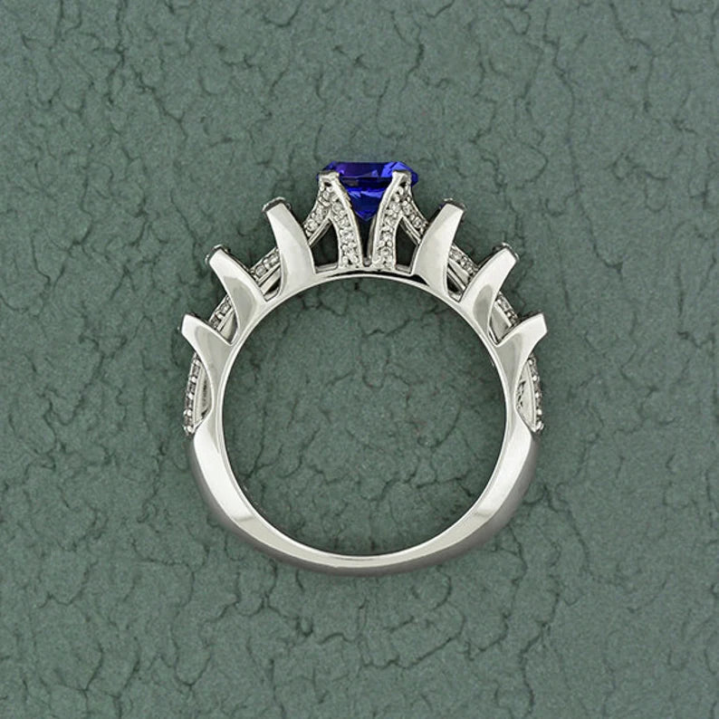 Unique Architectural Engagement Style Tanzanite and Diamond Ring in 14kt White Gold