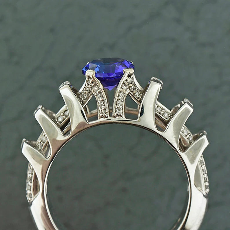 Unique Architectural Engagement Style Tanzanite and Diamond Ring in 14kt White Gold