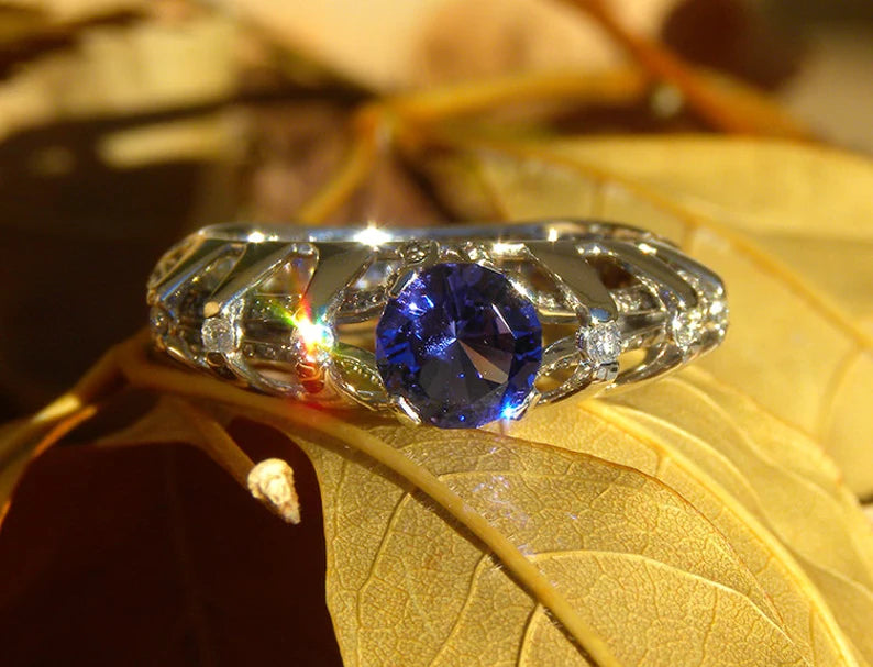 Unique Architectural Engagement Style Tanzanite and Diamond Ring in 14kt White Gold