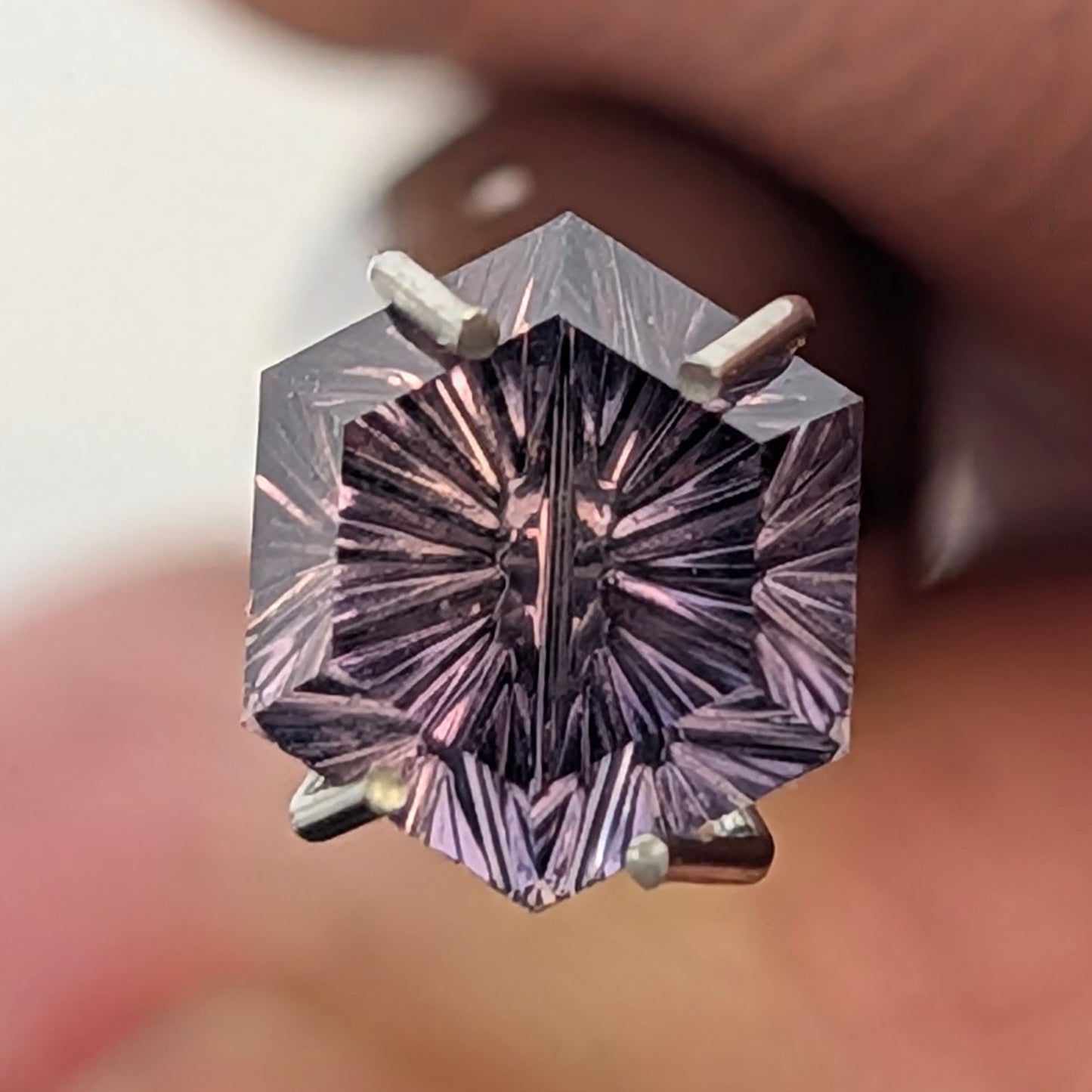 Dragon Sapphire, 1.36 cts., 6.0 x 6.0 mm, Fantasy Hexagon, Purple, Peach, Tanzania, Natural