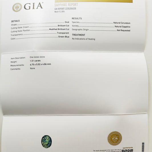 Sapphire, 1.51 cts., 6.7x5.5 mm., Oval, Bicolor, Teal, Blue, Green, Madagascar, Natural, GIA Cert.