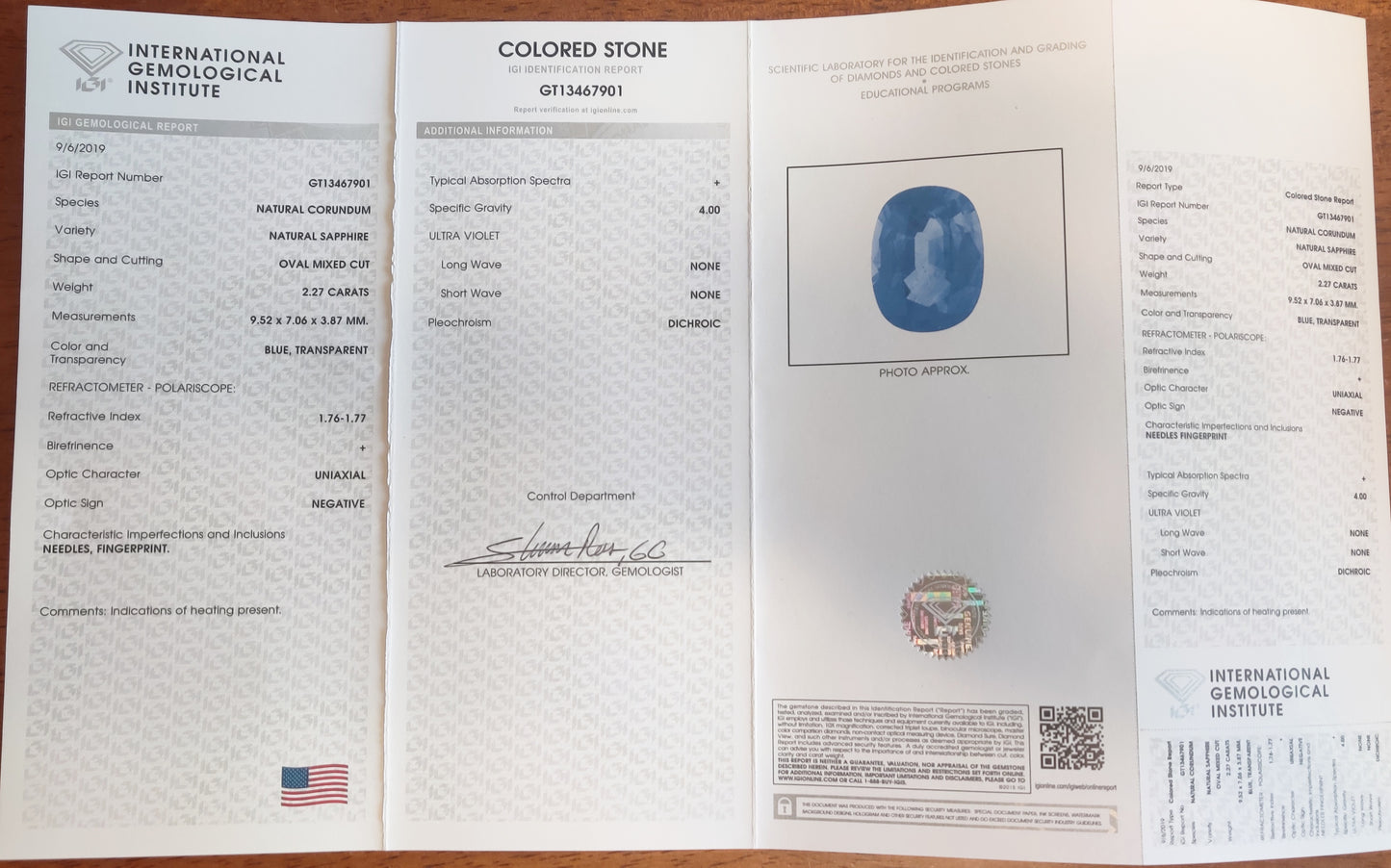 Sapphire, 2.27 cts., 9.5x7.0 mm., Oval, Blue, Sri Lanka, Heated, IGI Cert.