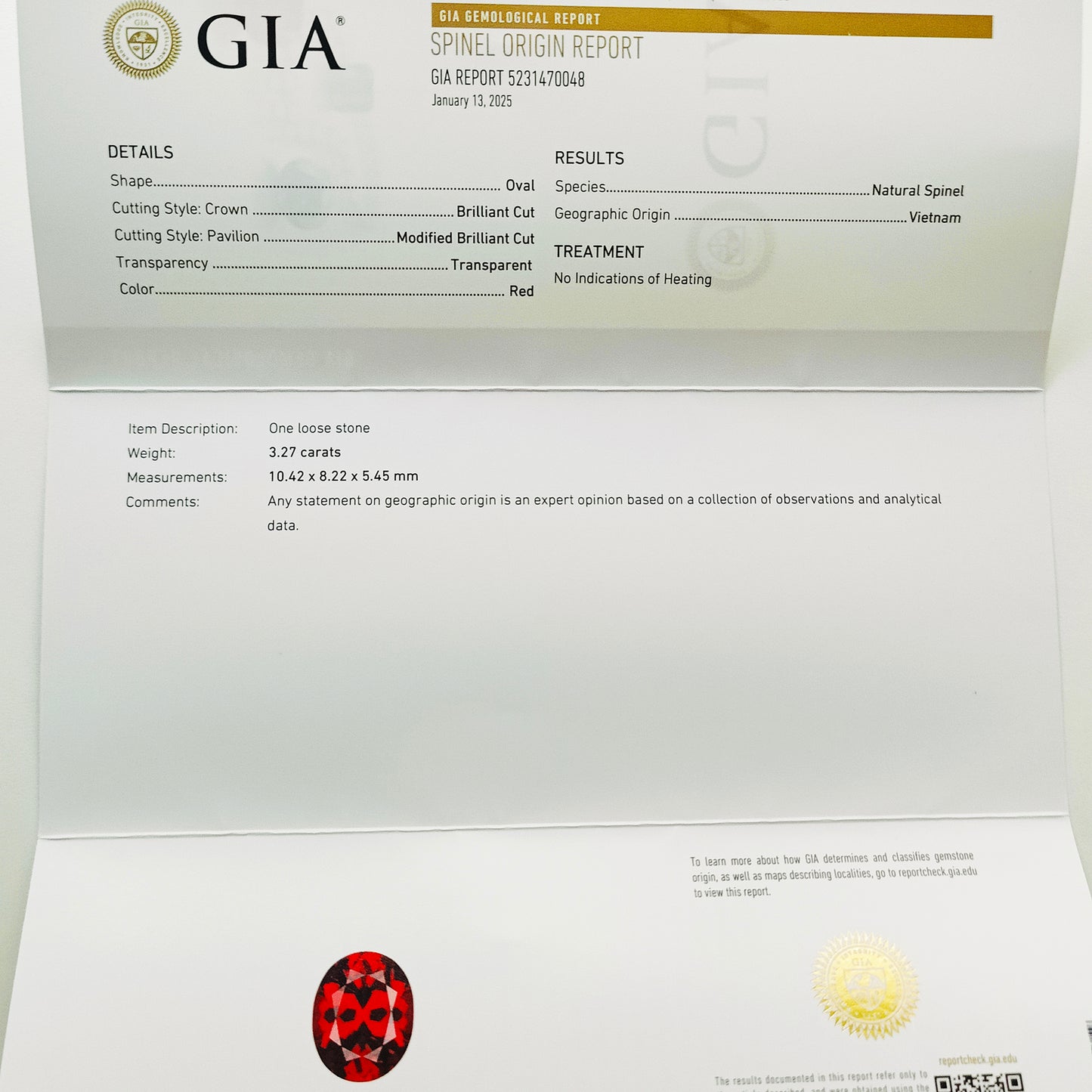 Spinel, 3.27 cts., 10.4x8.2 mm., Oval, Red, Vietnam, GIA Cert.