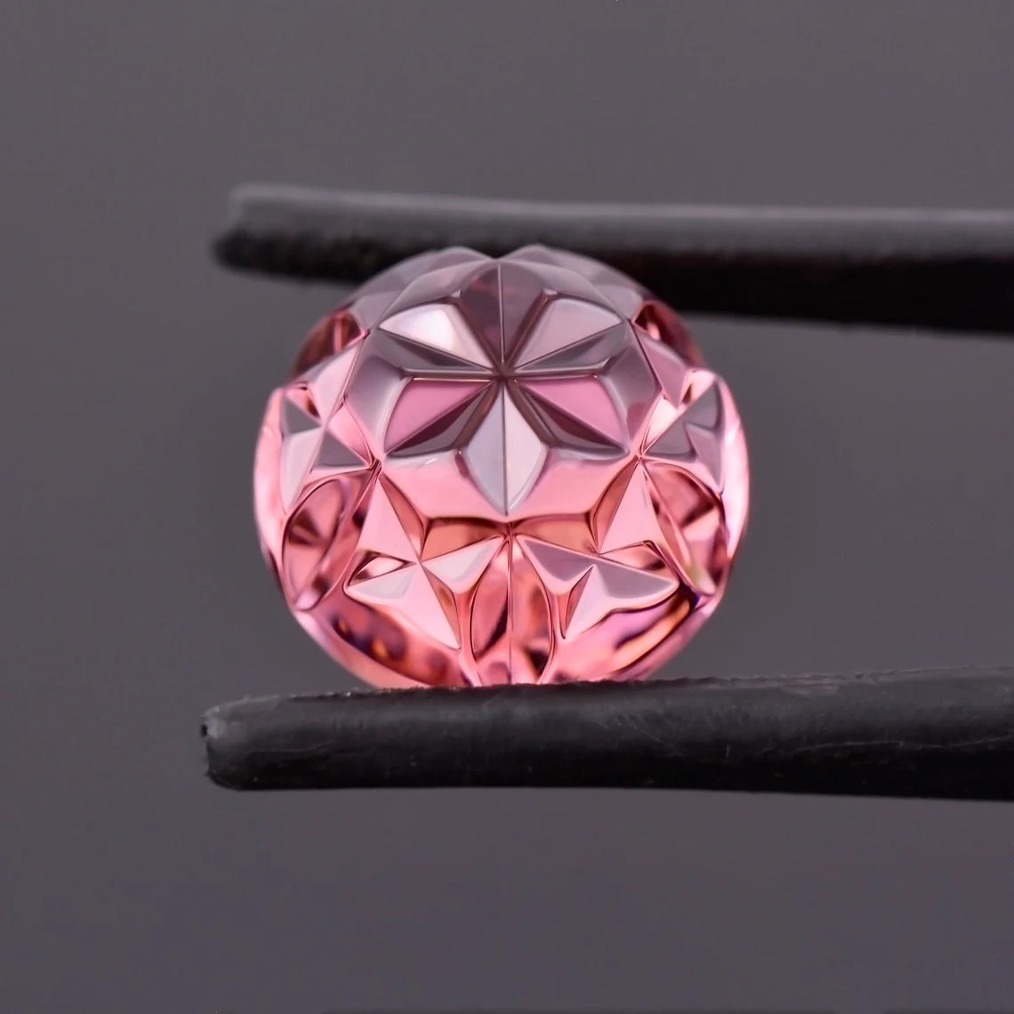 Exquisite Pink Tourmaline Optic Bloom Gemstone, 10.21 cts., 13 mm., Fantasy Carved Rose Cut Round