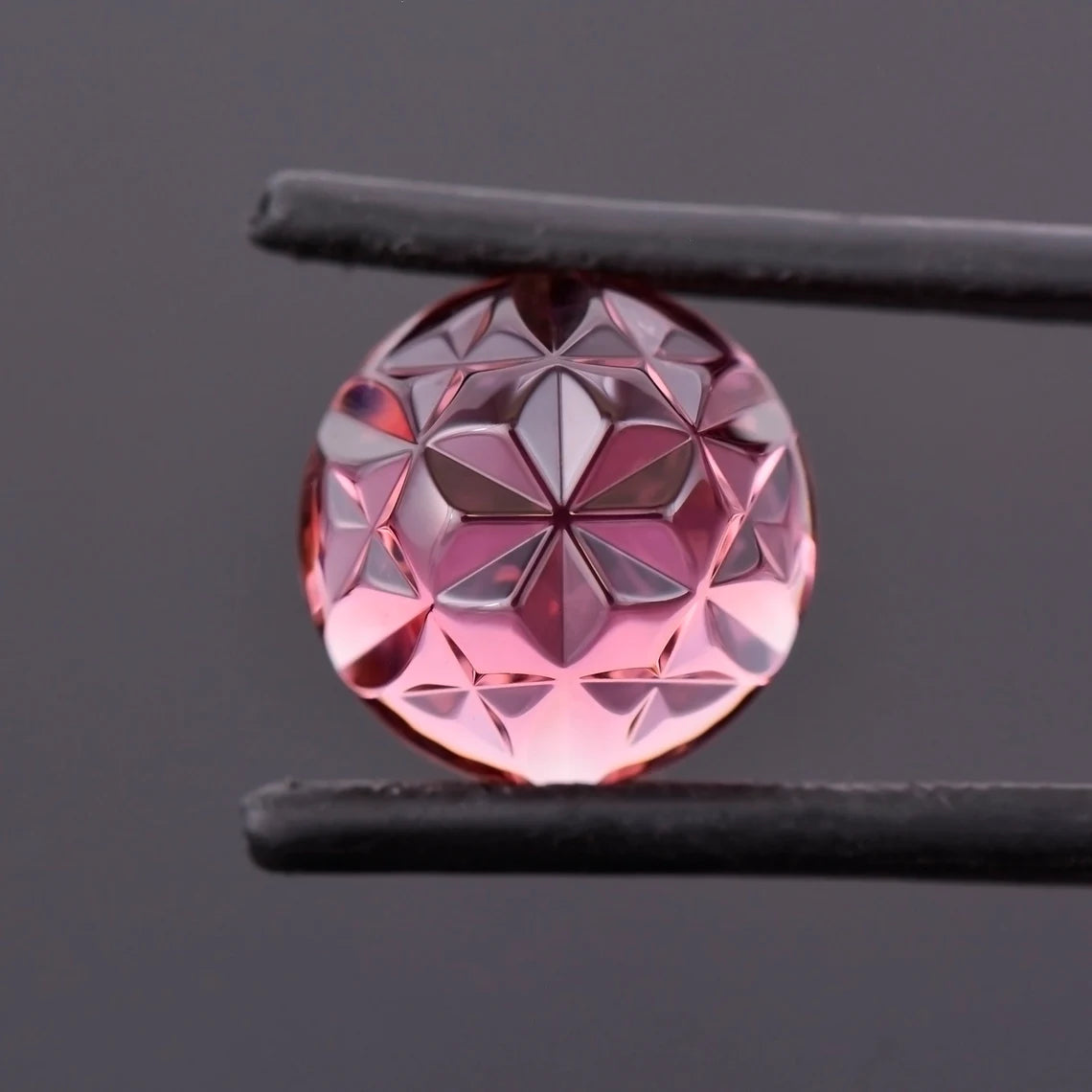 Exquisite Pink Tourmaline Optic Bloom Gemstone, 10.21 cts., 13 mm., Fantasy Carved Rose Cut Round