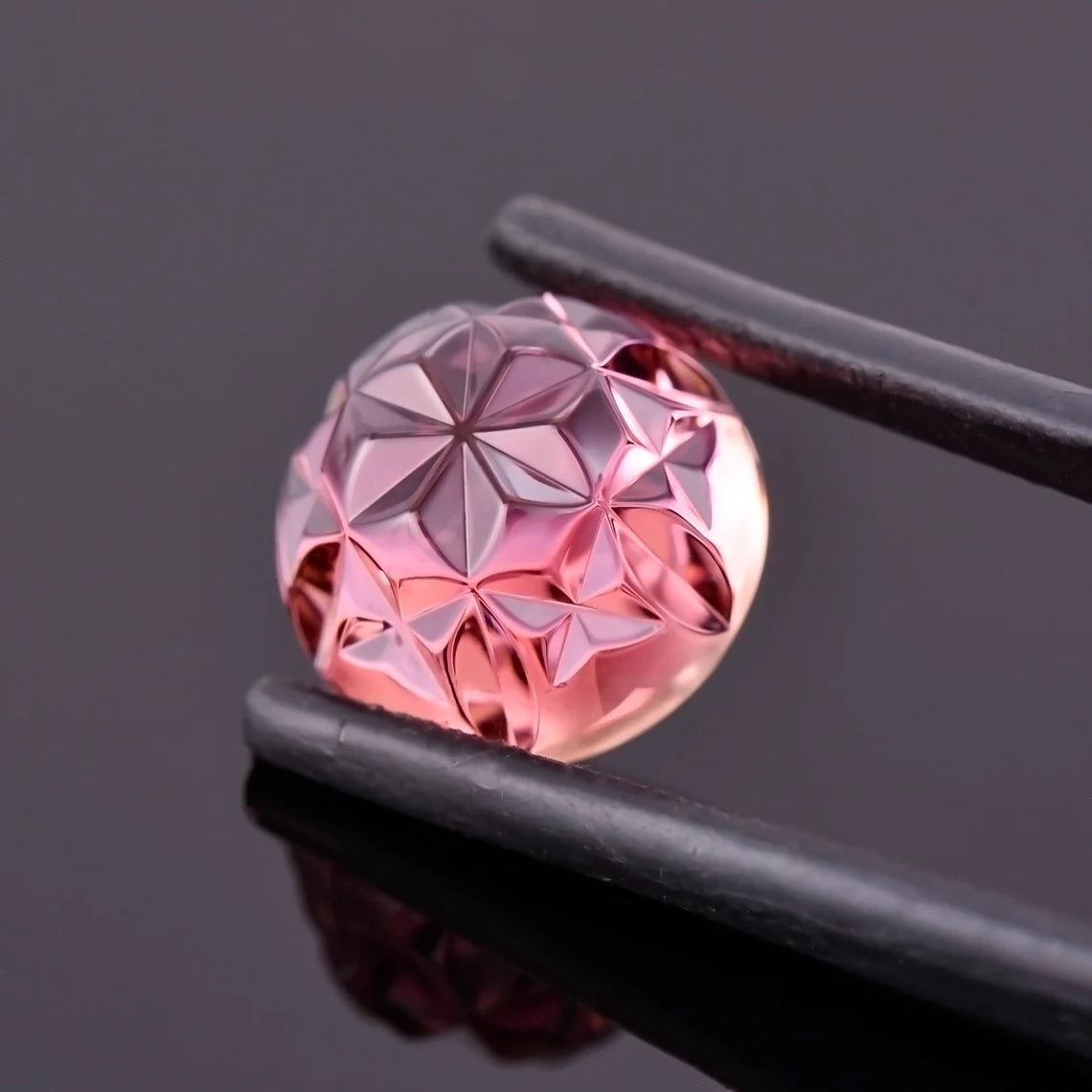 Exquisite Pink Tourmaline Optic Bloom Gemstone, 10.21 cts., 13 mm., Fantasy Carved Rose Cut Round