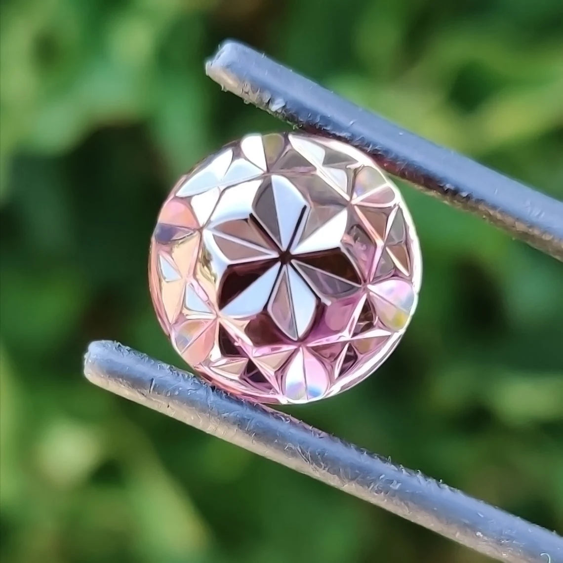 Exquisite Pink Tourmaline Optic Bloom Gemstone, 10.21 cts., 13 mm., Fantasy Carved Rose Cut Round