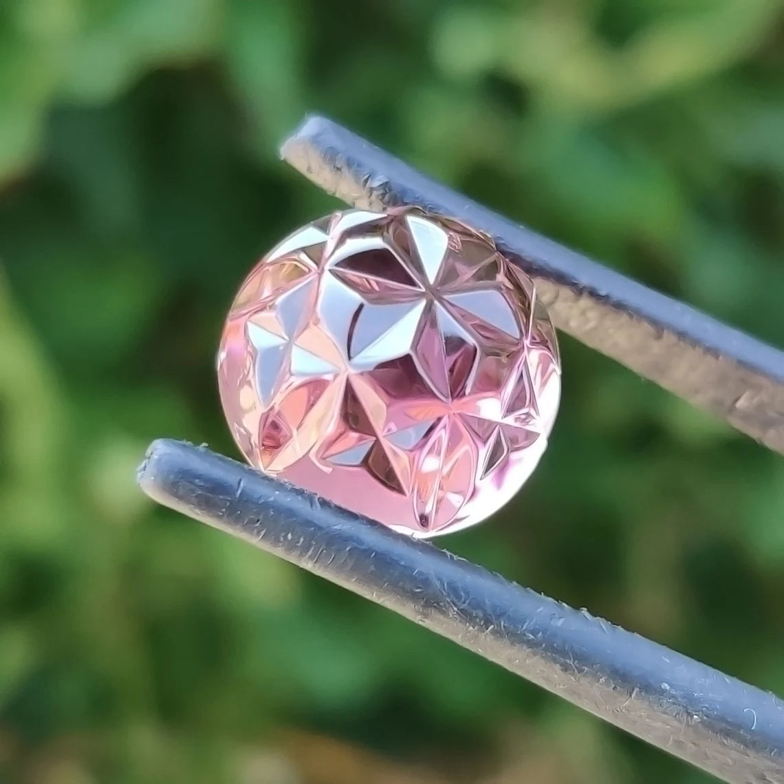 Exquisite Pink Tourmaline Optic Bloom Gemstone, 10.21 cts., 13 mm., Fantasy Carved Rose Cut Round