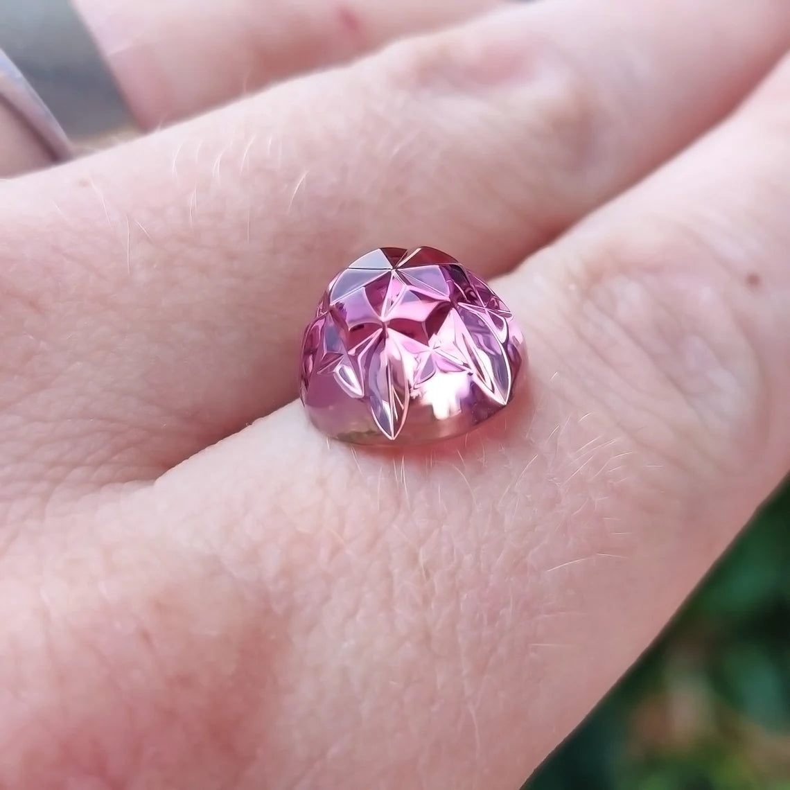 Exquisite Pink Tourmaline Optic Bloom Gemstone, 10.21 cts., 13 mm., Fantasy Carved Rose Cut Round