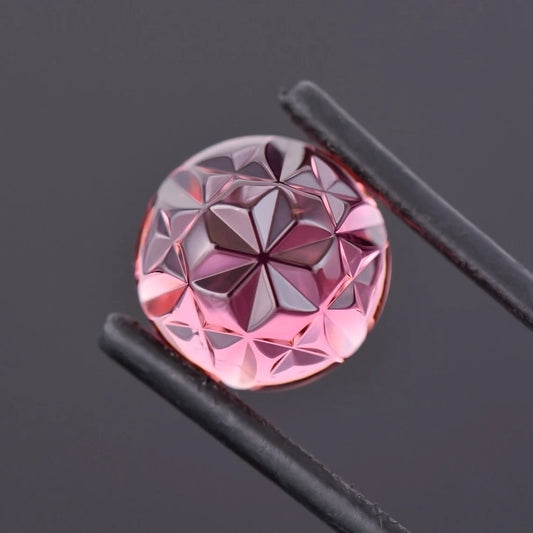 Exquisite Pink Tourmaline Optic Bloom Gemstone, 10.21 cts., 13 mm., Fantasy Carved Rose Cut Round