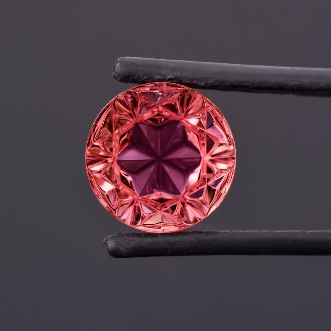 Exquisite Pink Tourmaline Optic Bloom Gemstone, 10.21 cts., 13 mm., Fantasy Carved Rose Cut Round