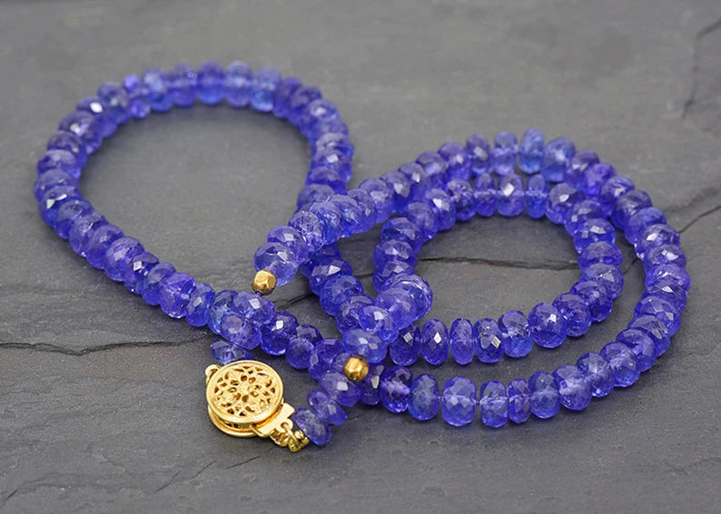 Fantastic Faceted Tanzanite Bead Necklace with 14 kt Yellow Gold Clasp 113.0 cts.