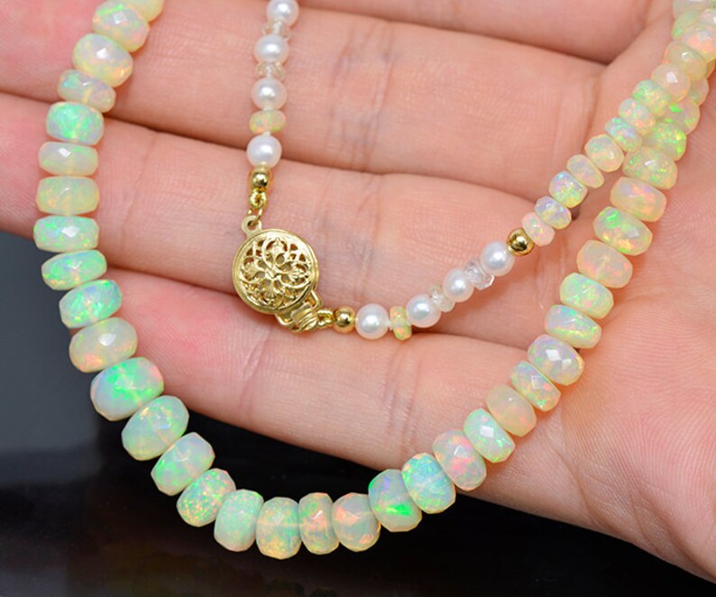 Excellent Faceted Opal Bead Necklace with 14 kt Yellow Gold Clasp 68.0 cts.