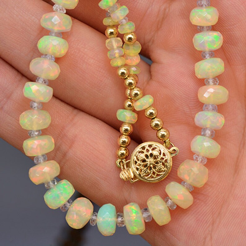 Fantastic Faceted Opal and Sapphire Bead Necklace with 14 kt Yellow Gold Clasp 78.0 tcw.