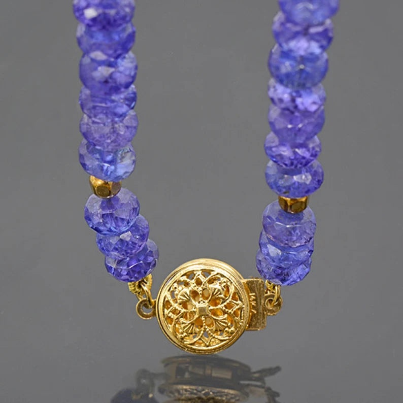 Fantastic Faceted Tanzanite Bead Necklace with 14 kt Yellow Gold Clasp 113.0 cts.