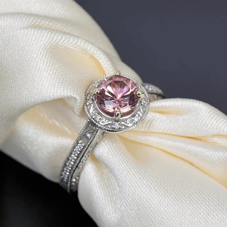 Gorgeous Rose Pink Zircon and Diamond Scroll Ring in 14kt White Gold 1.95 tcw.