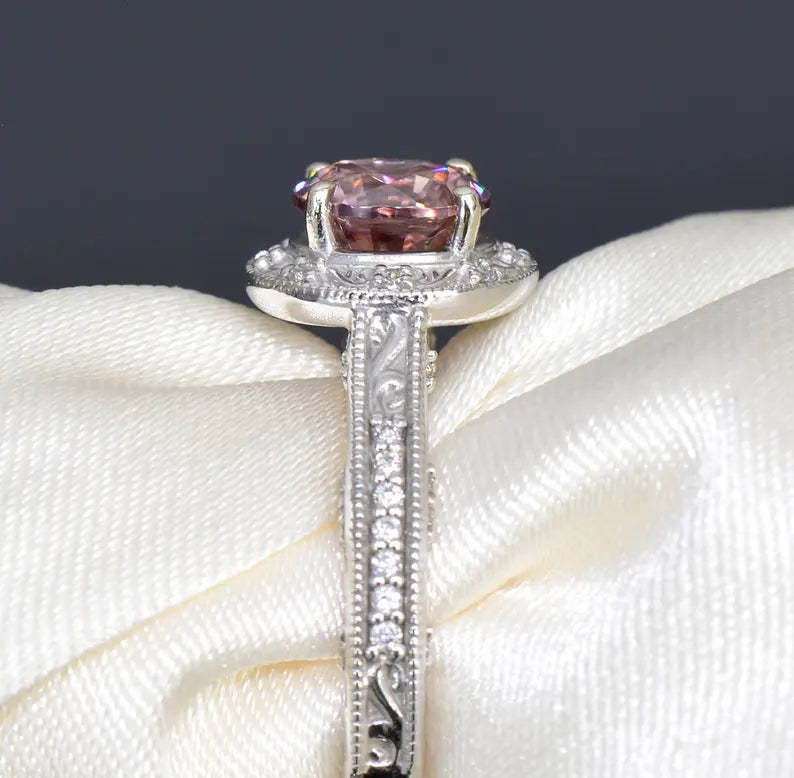 Gorgeous Rose Pink Zircon and Diamond Scroll Ring in 14kt White Gold 1.95 tcw.