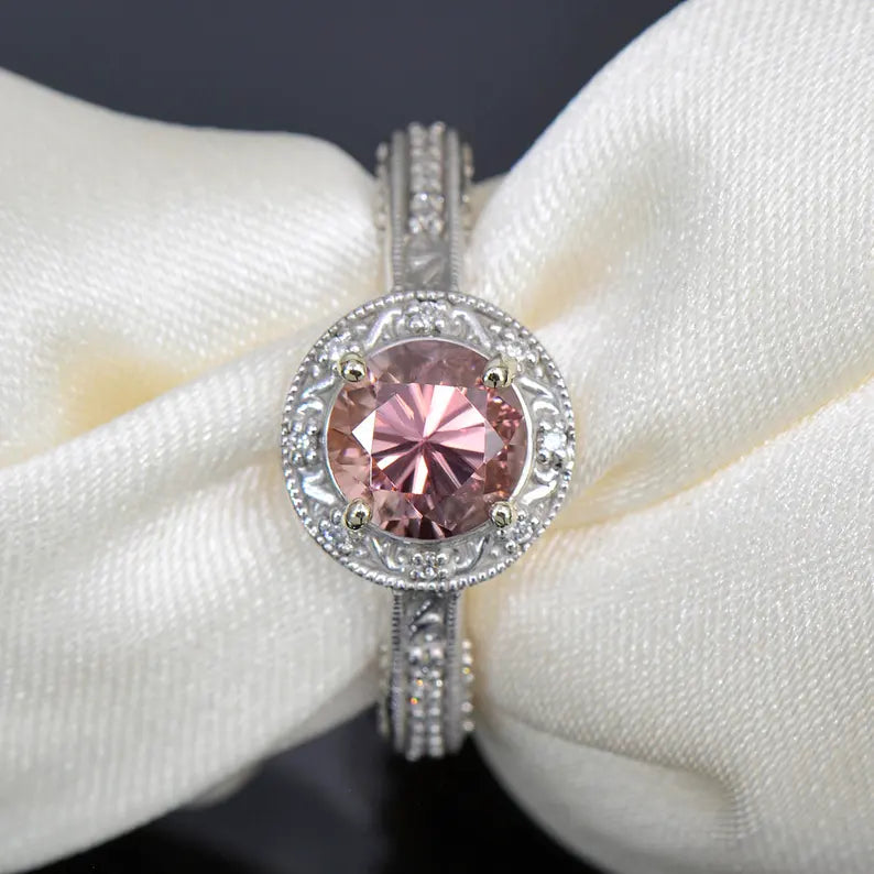 Gorgeous Rose Pink Zircon and Diamond Scroll Ring in 14kt White Gold 1.95 tcw.