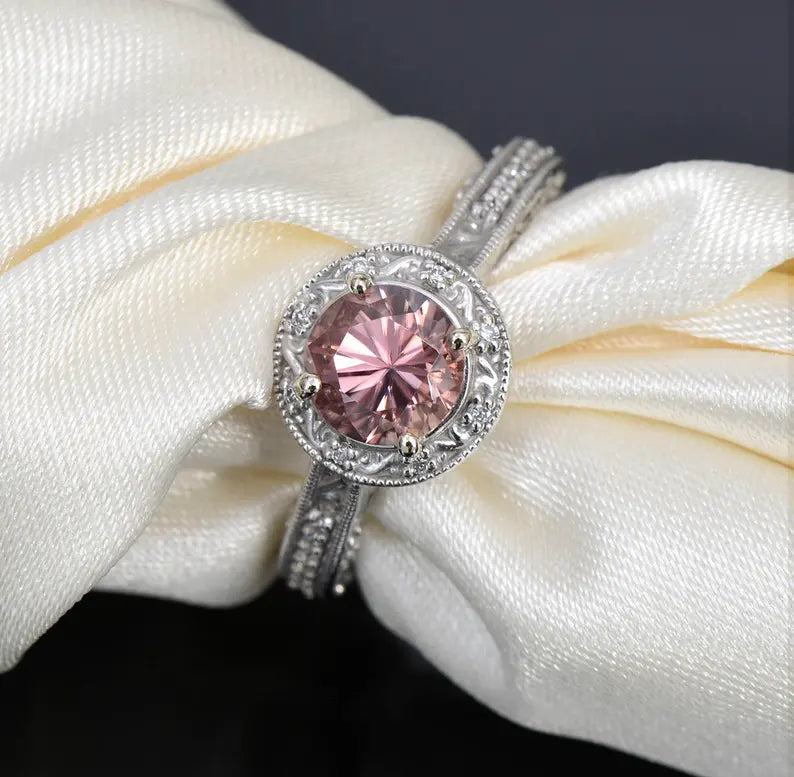 Gorgeous Rose Pink Zircon and Diamond Scroll Ring in 14kt White Gold 1.95 tcw.