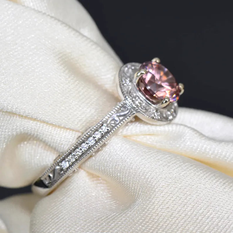 Gorgeous Rose Pink Zircon and Diamond Scroll Ring in 14kt White Gold 1.95 tcw.