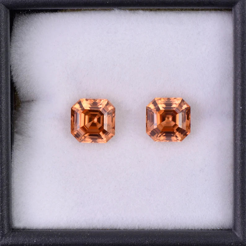 Fantastic Orange Zircon Gemstone Match Pair from Tanzania, 4.34 tcw., 6.5 mm., Asscher Cut