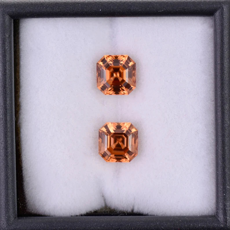 Fantastic Orange Zircon Gemstone Match Pair from Tanzania, 4.34 tcw., 6.5 mm., Asscher Cut