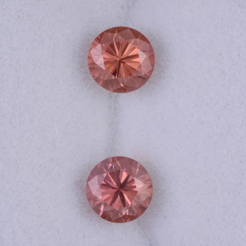 Brilliant Peachy Pink Zircon Gemstone Match Pair, 2.86 tcw., 6 mm., Round Brilliant Cut