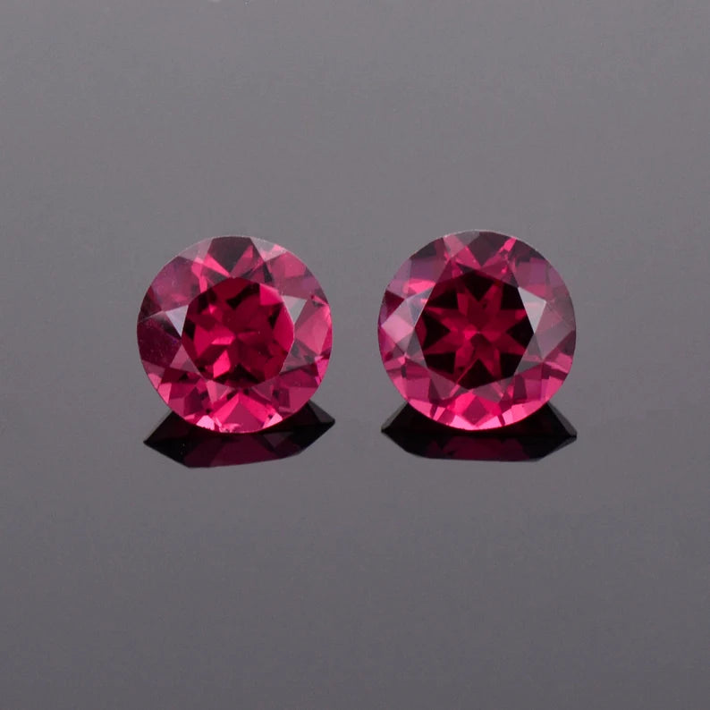 Excellent Cranberry Red Rhodolite Garnet Match Par, 3.90 tcw., 7.6 mm., Round Brilliant Cut