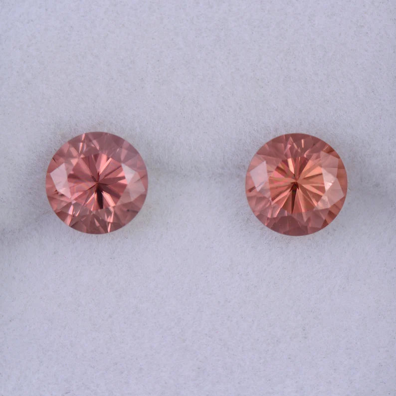 Brilliant Peachy Pink Zircon Gemstone Match Pair, 2.86 tcw., 6 mm., Round Brilliant Cut