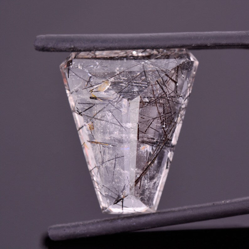 Excellent Quartz with Tourmaline Inclusion Gemstone from Brazil, 19.47 cts., 22x17 mm., Trapezoid Shape