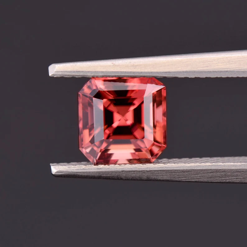 Excellent Peachy Pink Zircon Gemstone from Tanzania, 2.73 cts., 7 mm., Asscher Cut