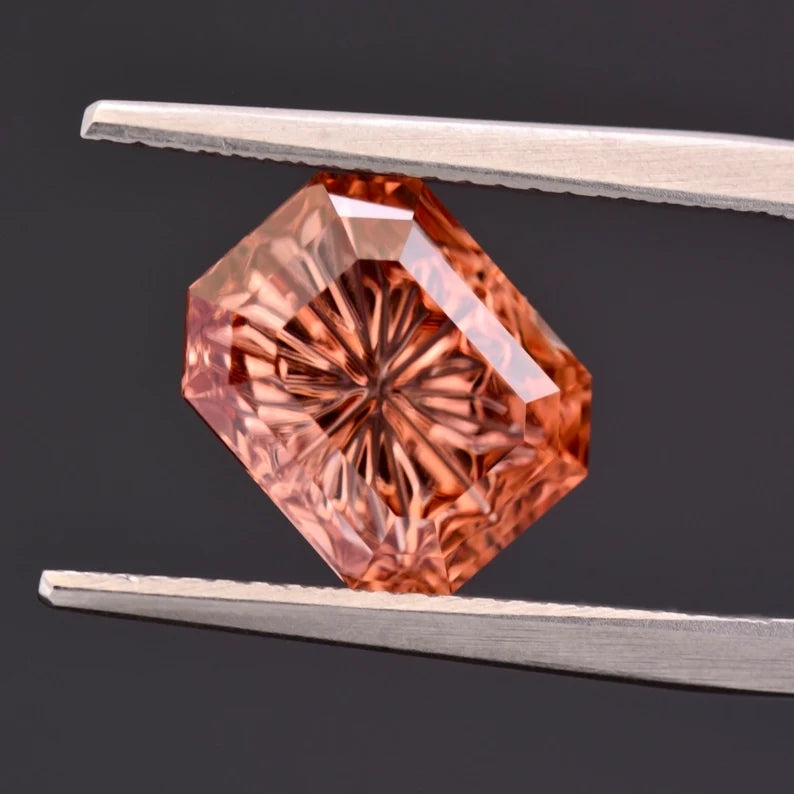 Gorgeous Peach Zircon Gemstone from Tanzania, 5.12 cts., 10x8 mm., Fantasy Cut Emerald Shape