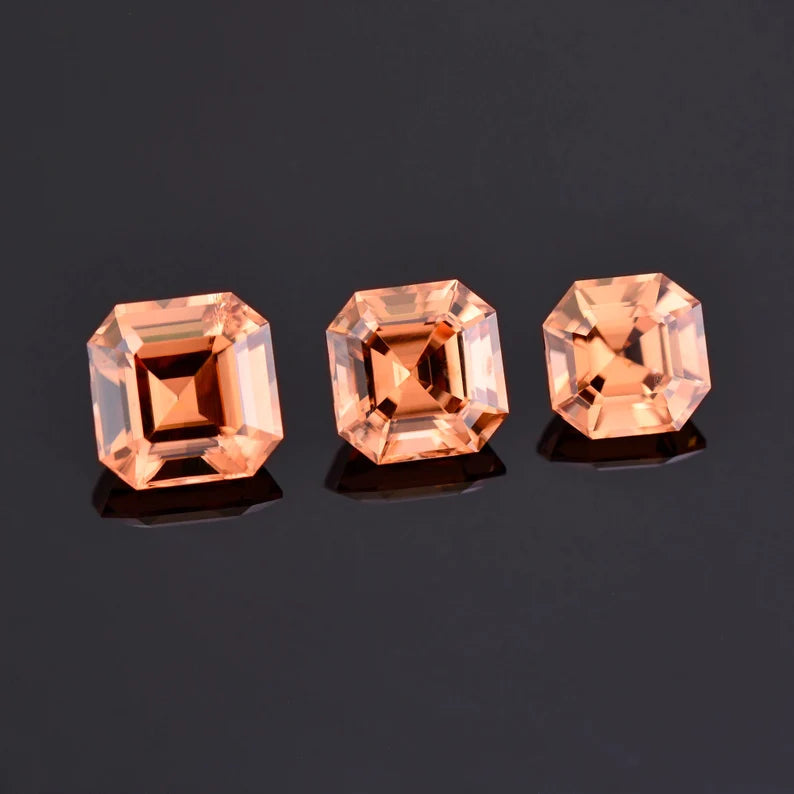 Gorgeous Peach Orange Zircon Gemstone Set from Tanzania, 8.89 tcw., 8, 7.5, 7 mm., Asscher Cuts