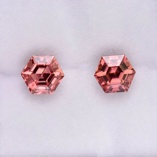 Excellent Peachy Pink Zircon Gemstone Match Pair from Tanzania, 3.25 tcw., 6 mm., Hexagon Shape