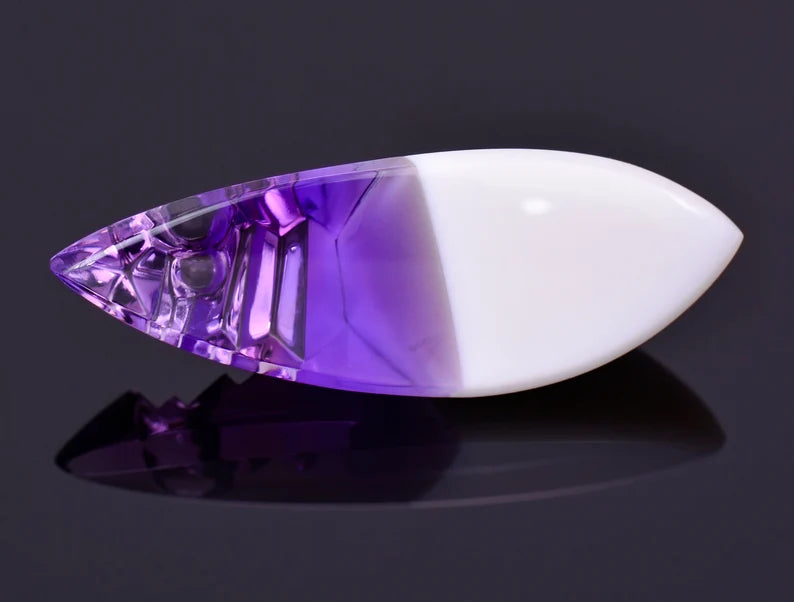 Unique Amethyst and Coconut Agate Gemstone Carving. 39.37 cts., 43x15 mm., Fantasy Cut Marquise Shape