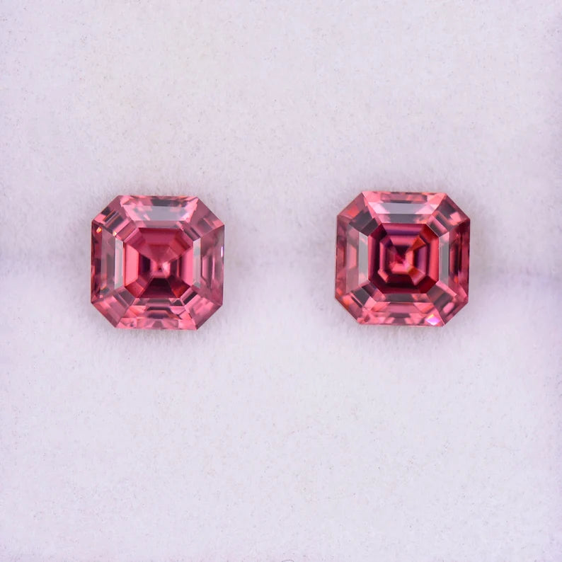 Excellent Pink Zircon Gemstone Match Pair from Tanzania, 3.41 tcw., 6 mm., Asscher Cut