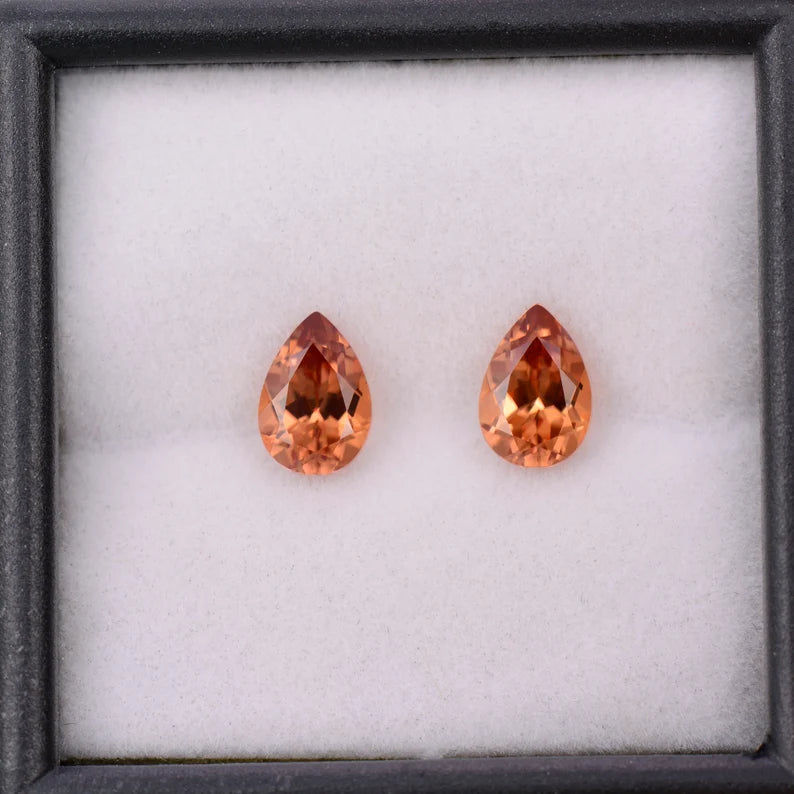 Gorgeous Peach Orange Zircon Gemstone Match Pair, 2.25 tcw., 7x5 mm., Pear Shapes