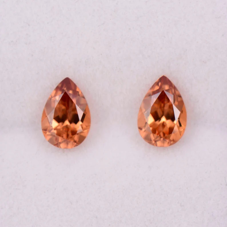 Gorgeous Peach Orange Zircon Gemstone Match Pair, 2.25 tcw., 7x5 mm., Pear Shapes