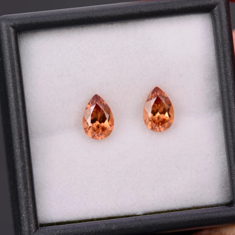 Gorgeous Peach Orange Zircon Gemstone Match Pair, 2.25 tcw., 7x5 mm., Pear Shapes