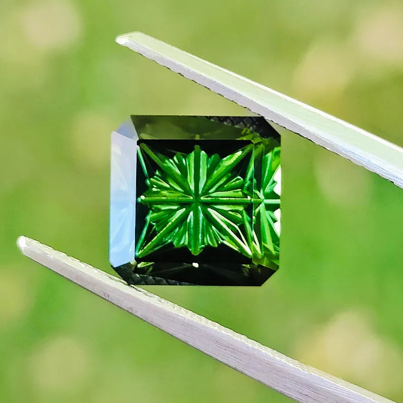 Excellent Green Tourmaline Gemstone from Brazil, 3.50 cts., 9.7x3.6 mm., Fantasy Cut Asscher Shape